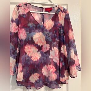 Jennifer Lopez watercolor floral chiffon blouse with bell sleeves. New